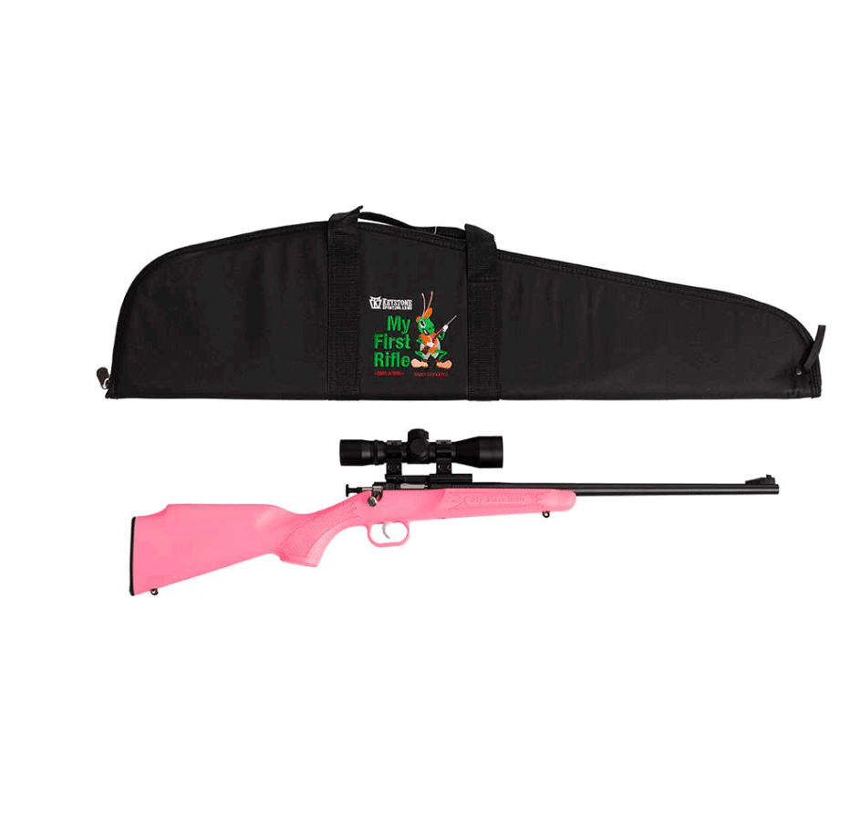 KEYSTONE CRICKETT SINGLE SHOT RIFLE, 22 LR, 16PO BBL, PINK SYN STK, PKG WITH SCOPE AND CASE